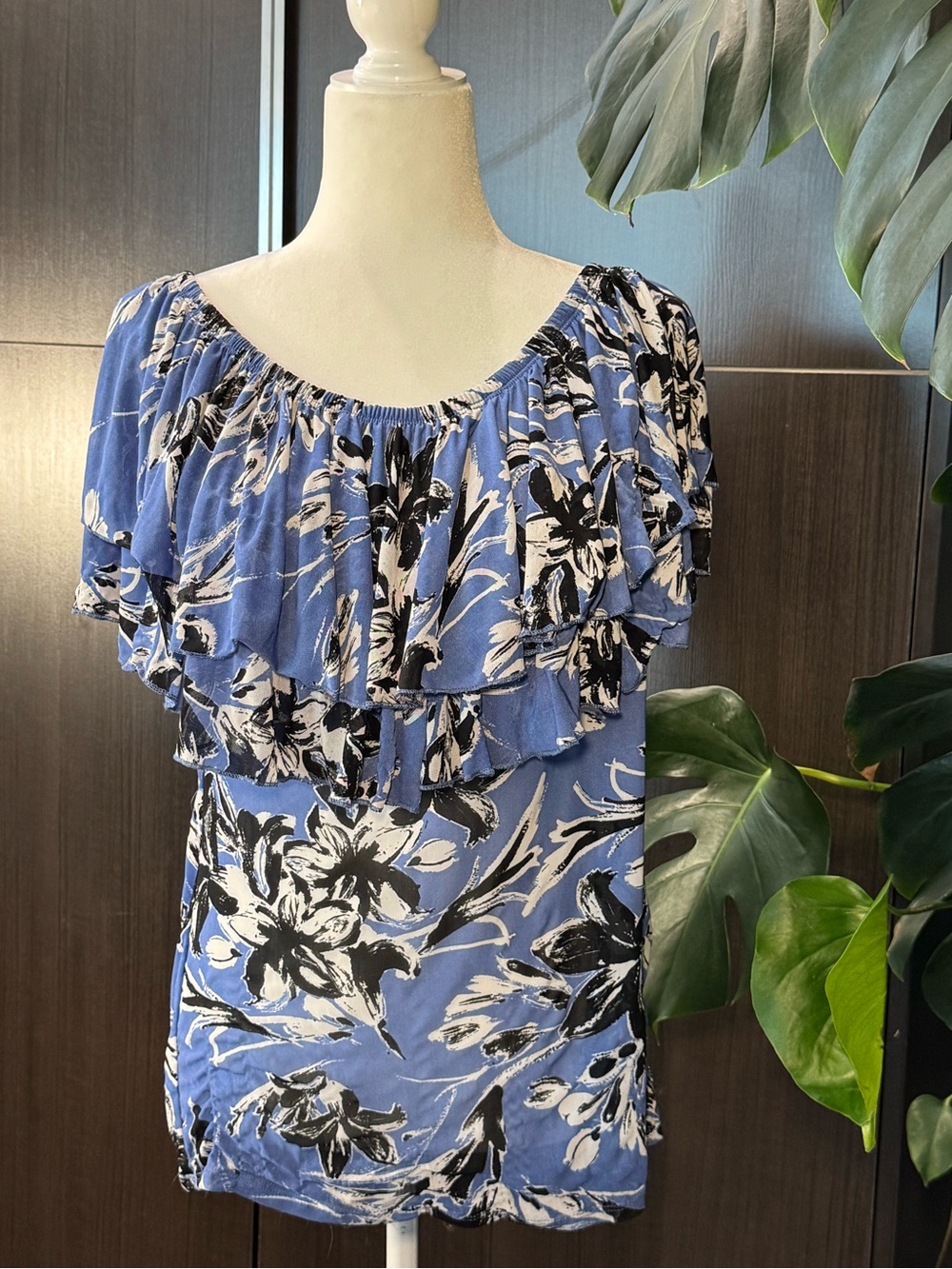 Blue Floral Ruffle Off-Shoulder Top